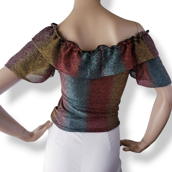 Gold, Red & Green Metallic Striped Off Shoulder Ruffle Blouse by Route 3 - Picture 7 of 8